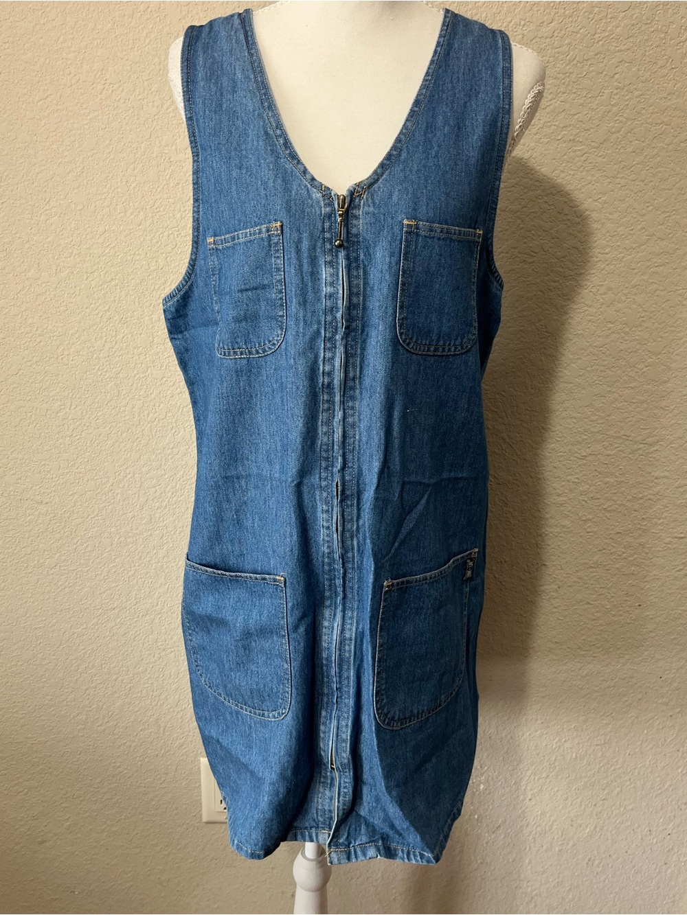 Vintage 90s True Blue Full Zip Denim Jumper Pinafore Dress Utility Midi Dress